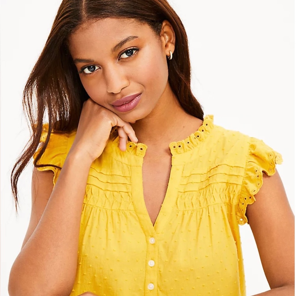 Loft Clip Pintucked Ruffle Button Top NWT